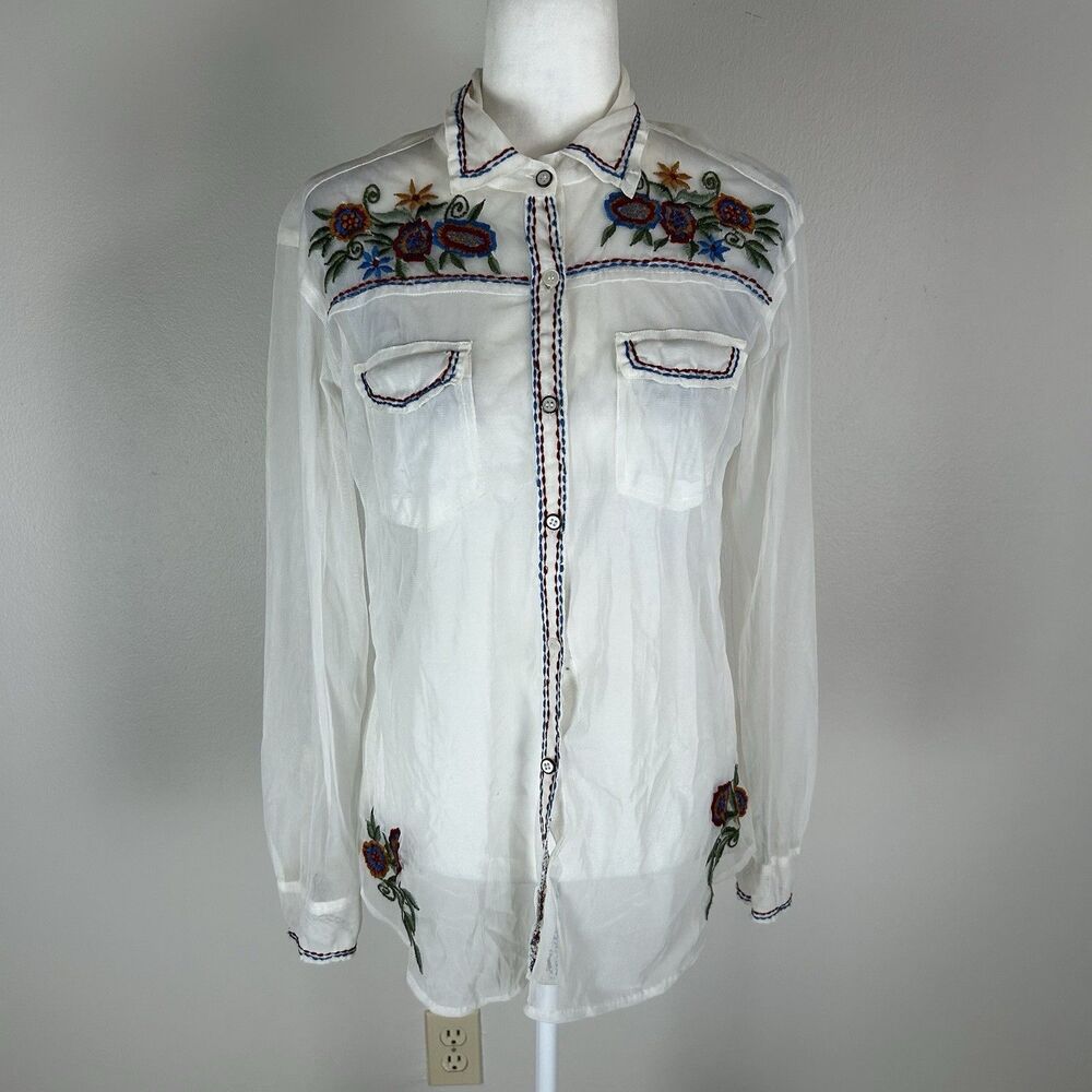 Avani Large Button Up Shirt Top Blouse Sheer Embroidery Floral Western Country